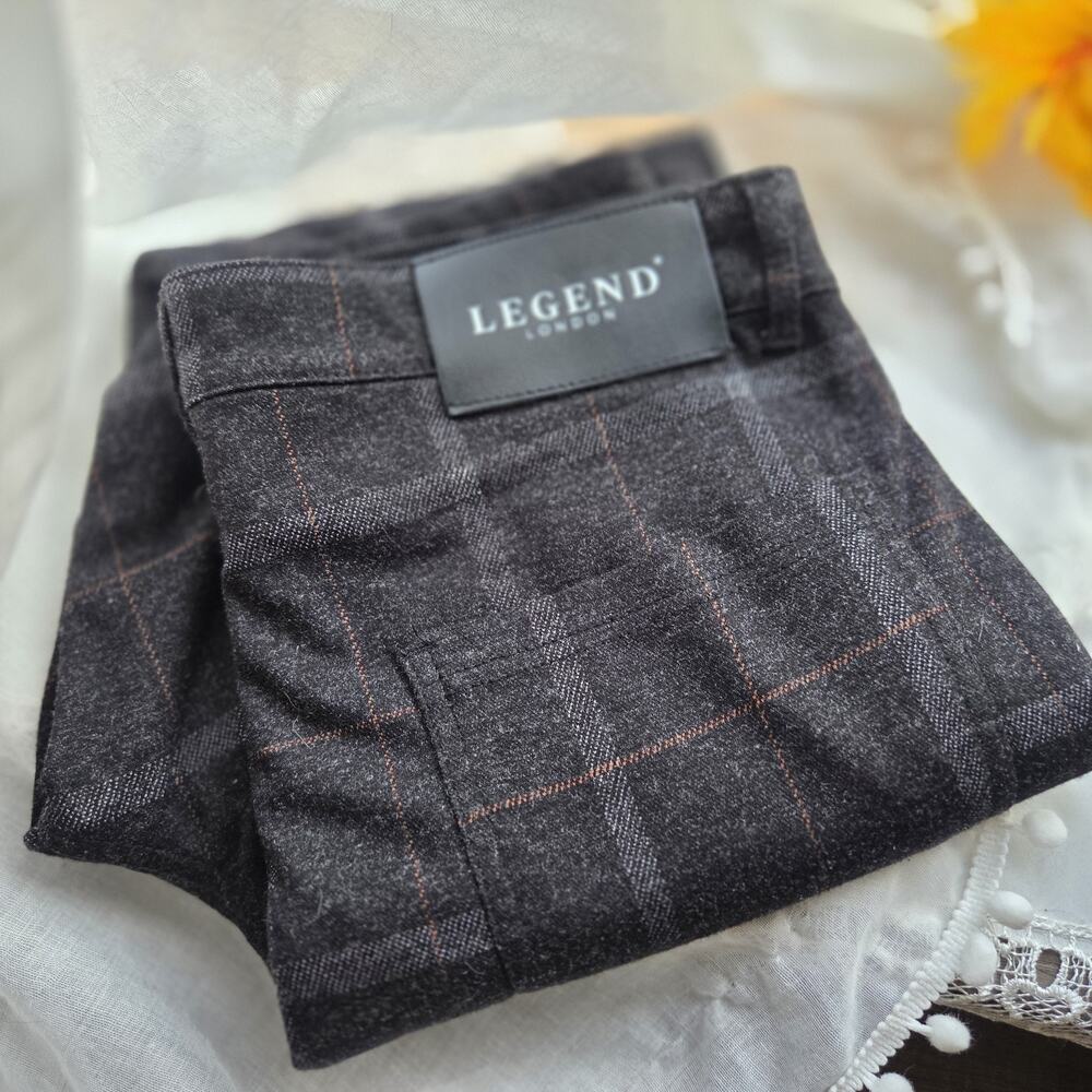 Legend London Men's Charcoal Gray Plaid Dress Trousers 32" Slim Fit Tapered Leg